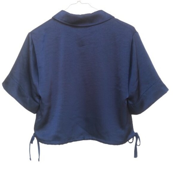 HOUSE OF HARLOW 1960 | NWOT Navy Blue Satin Boxy Button Up Side Tie Crop Top L - Picture 2 of 11